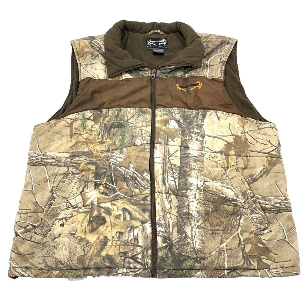 Vintage RealTree Camo Puffer Vest Men XL Brown Jacket Y2K Twill Fleece Lined